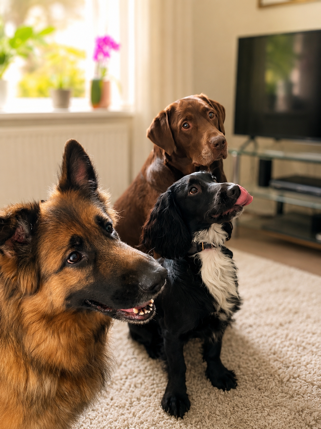 Three dogs sitting together in a bright living room