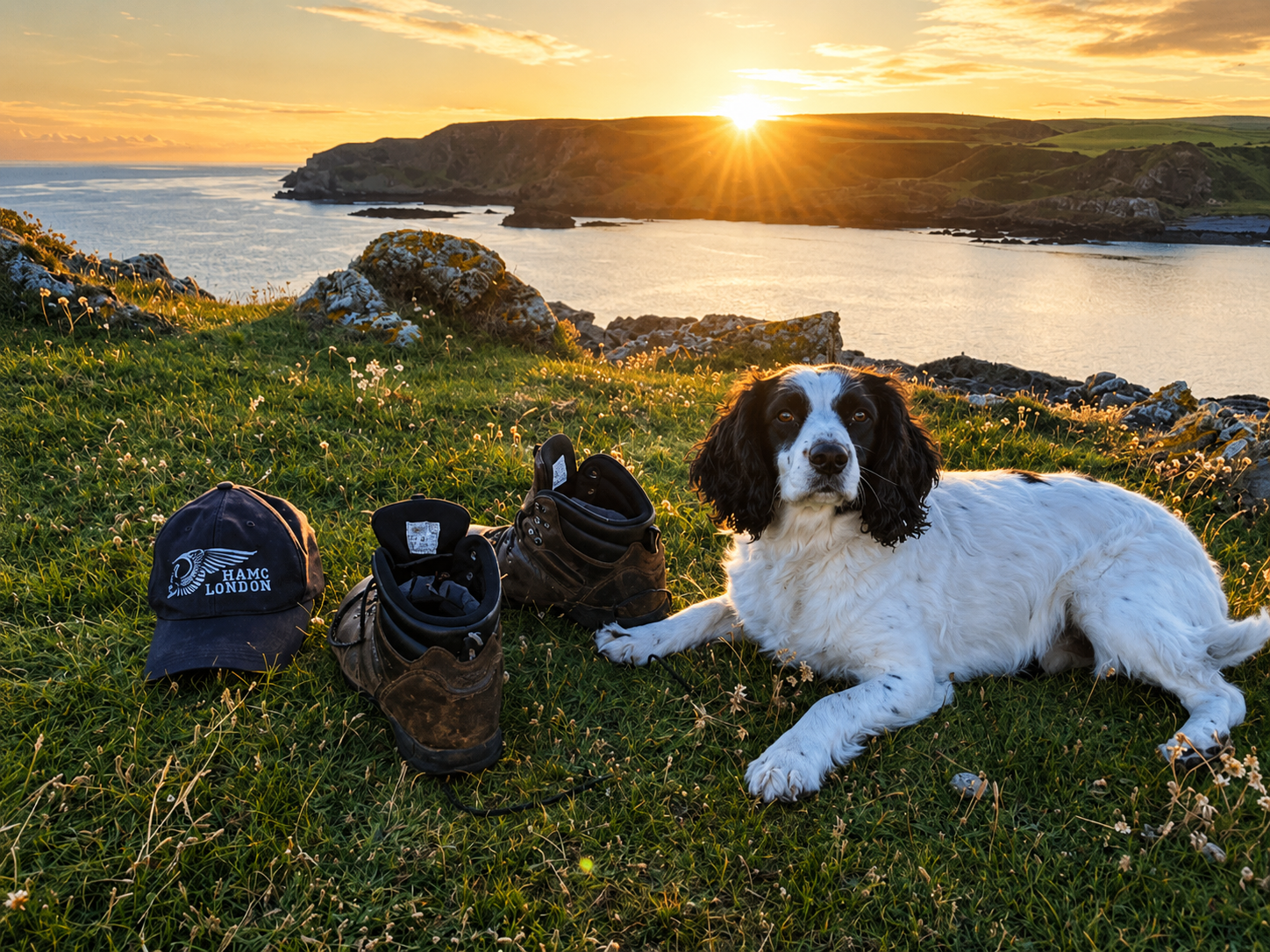 Black and white spaniel resting on a grassy clifftop at sunset