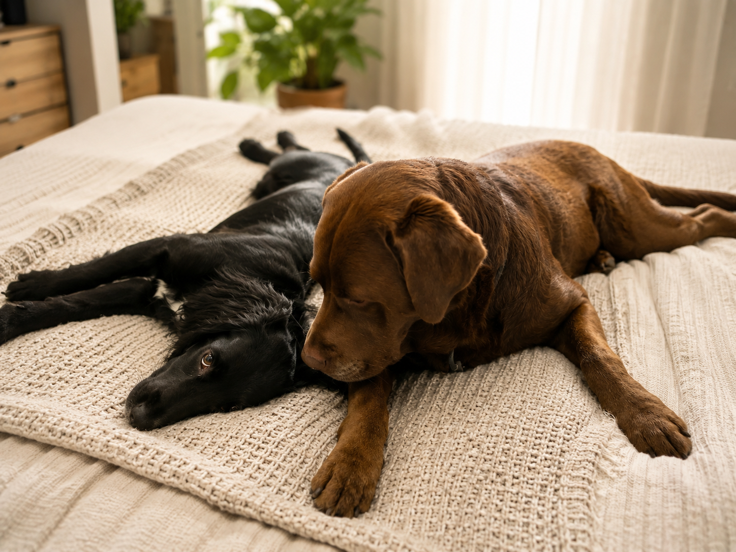 Black and chocolate dogs resting together on a bed