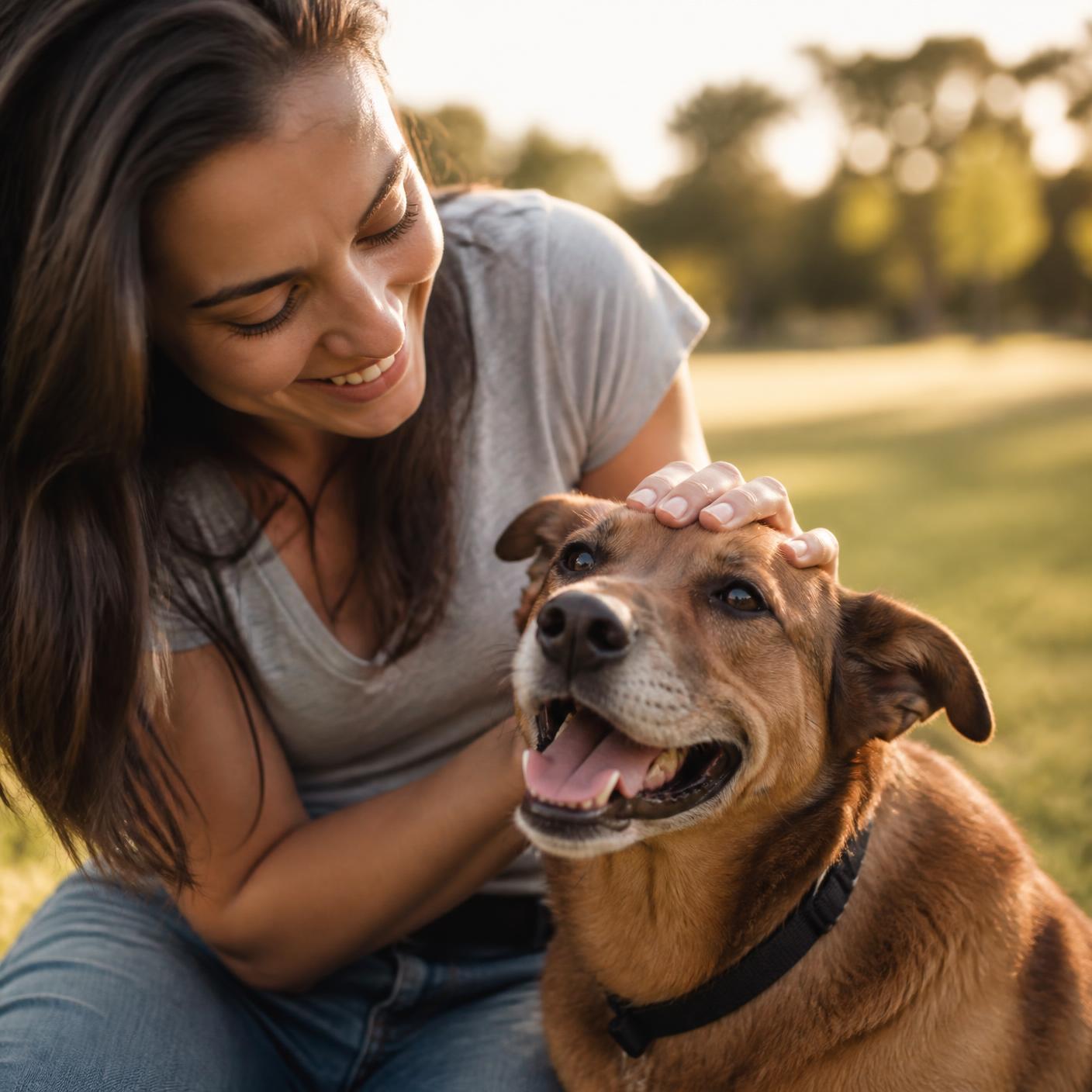 A woman gently petting a happy brown dog in golden evening light