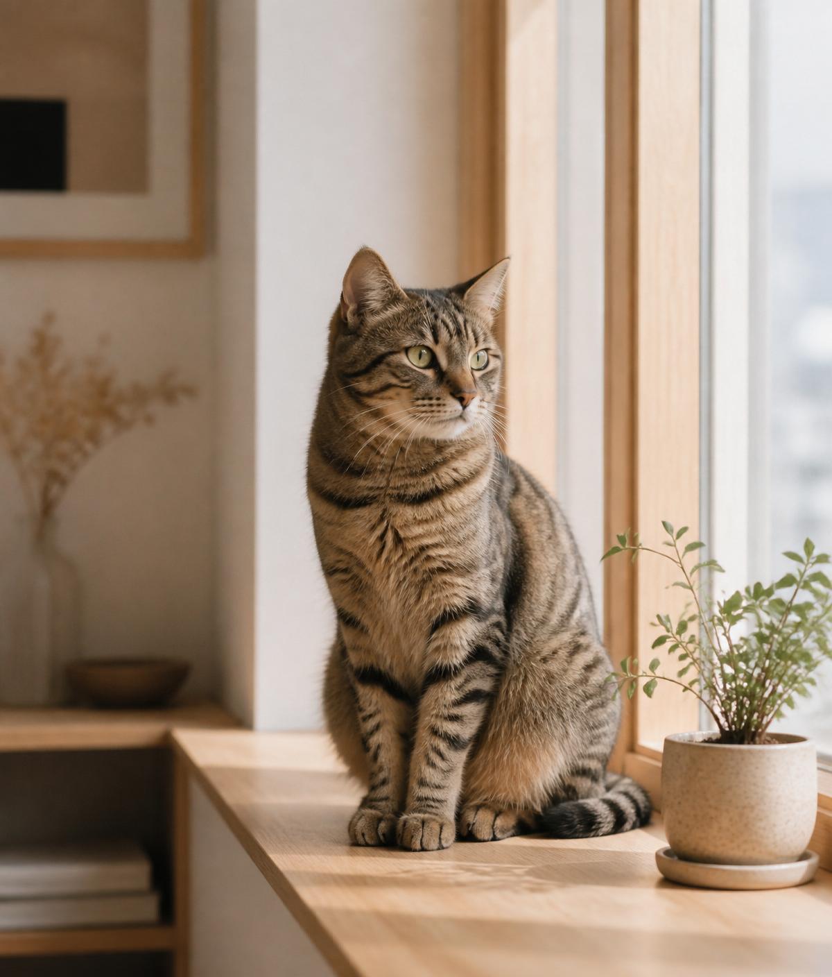 Tabby cat sitting on a sunlit wooden windowsill