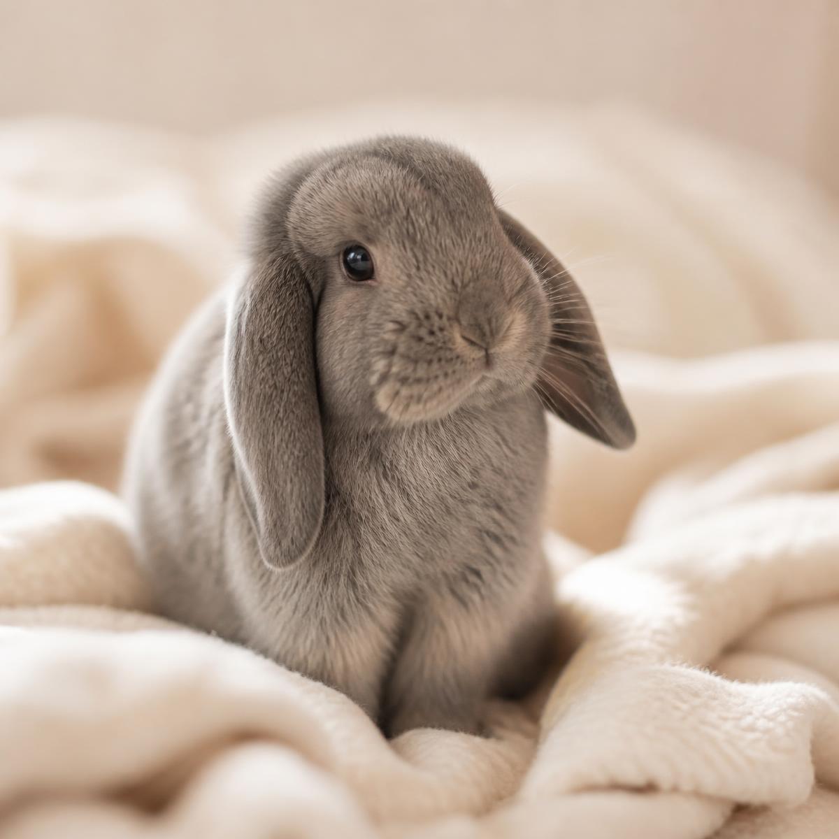 Grey lop-eared rabbit on a soft cream blanket