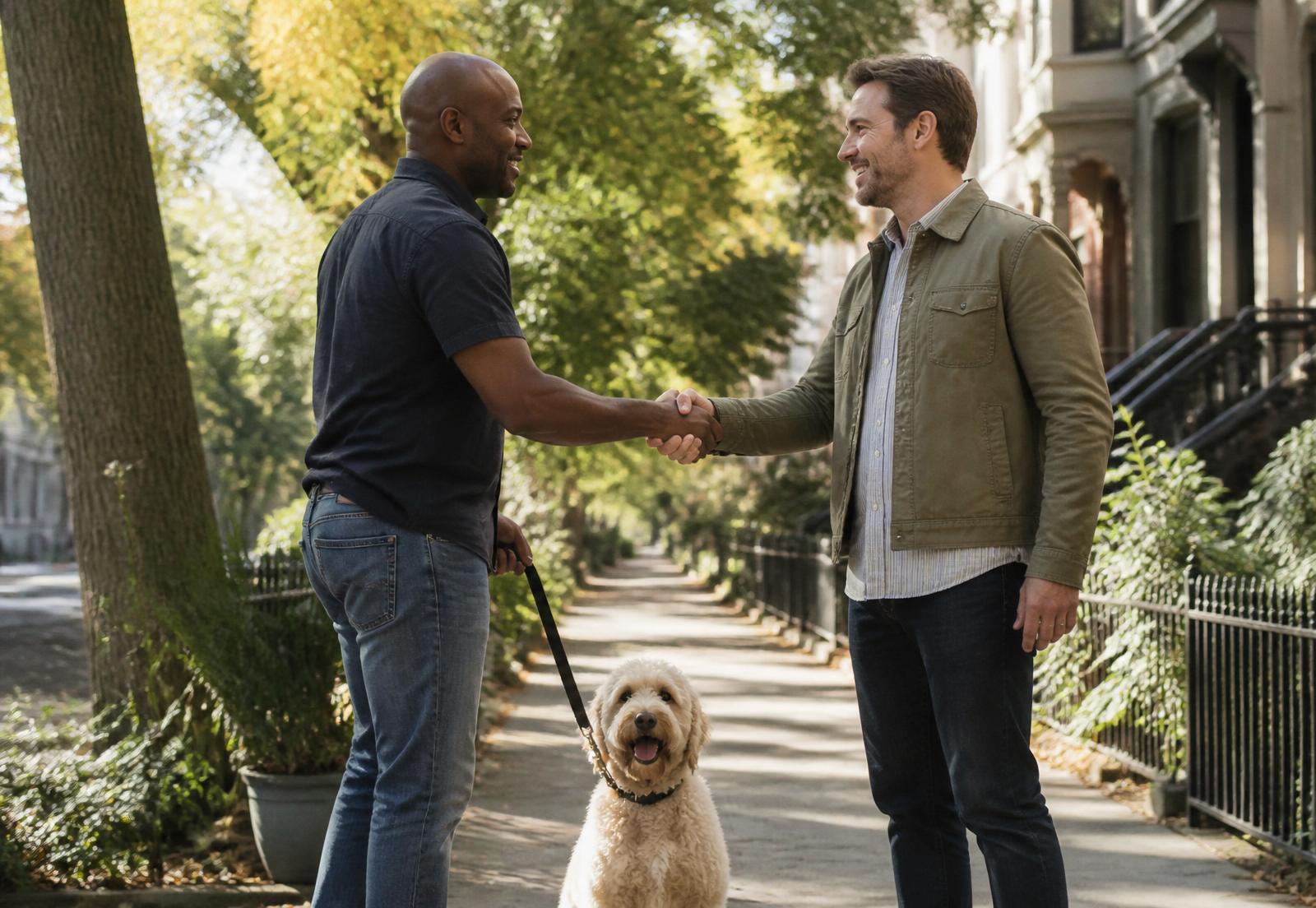 Two neighbours meeting on a leafy street with a friendly dog